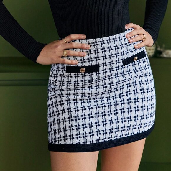 Black & White Boho Womens Allover Pattern Button Detail Contrast Piping Skirt - Picture 4 of 5